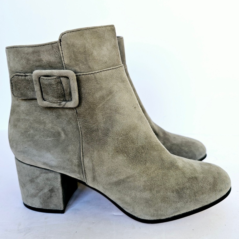 Saks Fifth Avenue SF-ELLIE Grey Suede Block Heel Ankle Boots Buckle 9.5M 39.5